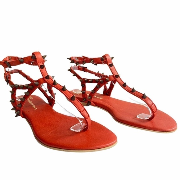 Marian Saud cherry red leather and metal studded ankle-strap gladiator sandals - Picture 1 of 9